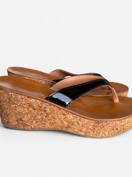misc Shoes - Women’s Wedge Cork Flip-Flop Sandals with Black Patent Straps